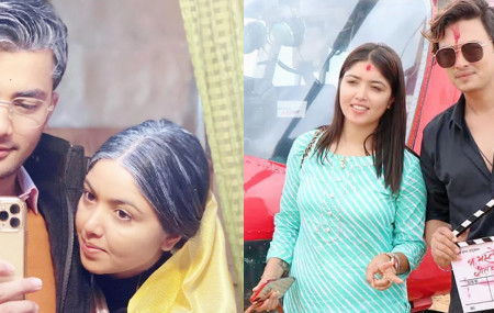 ‘सम्झना बिर्सना’को छायांकनमा पूजा र आकाश (बायाँ), 'म यस्तो गीत गाउँछु २'को सेटमा पूजा र पल
