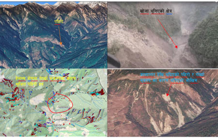 हेलम्बु क्षेत्र र गोर्खा भूकम्पको कारण श्रृजित पहिरो तथा चिराहरु र पहिरोको कारण हाल थुनिएको खोला क्षेत्र। (चित्र श्रोतः सजग कार्यक्रम)