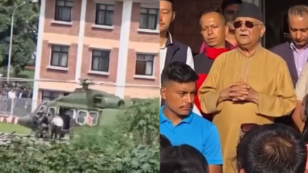 दायाँतिर भदौ २४ गते बालुवाटार छाड्दै गरेका ओली दायाँ, कार्यकर्तासँगको भेटघाटमा बायाँ। तस्बिर सामाजिक सञ्जाल।