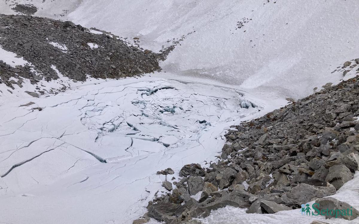 उत्तरी हुम्लाको हिमतालमा परेको चिरा। तस्बिर स्रोत: शिव बाँस्कोटा