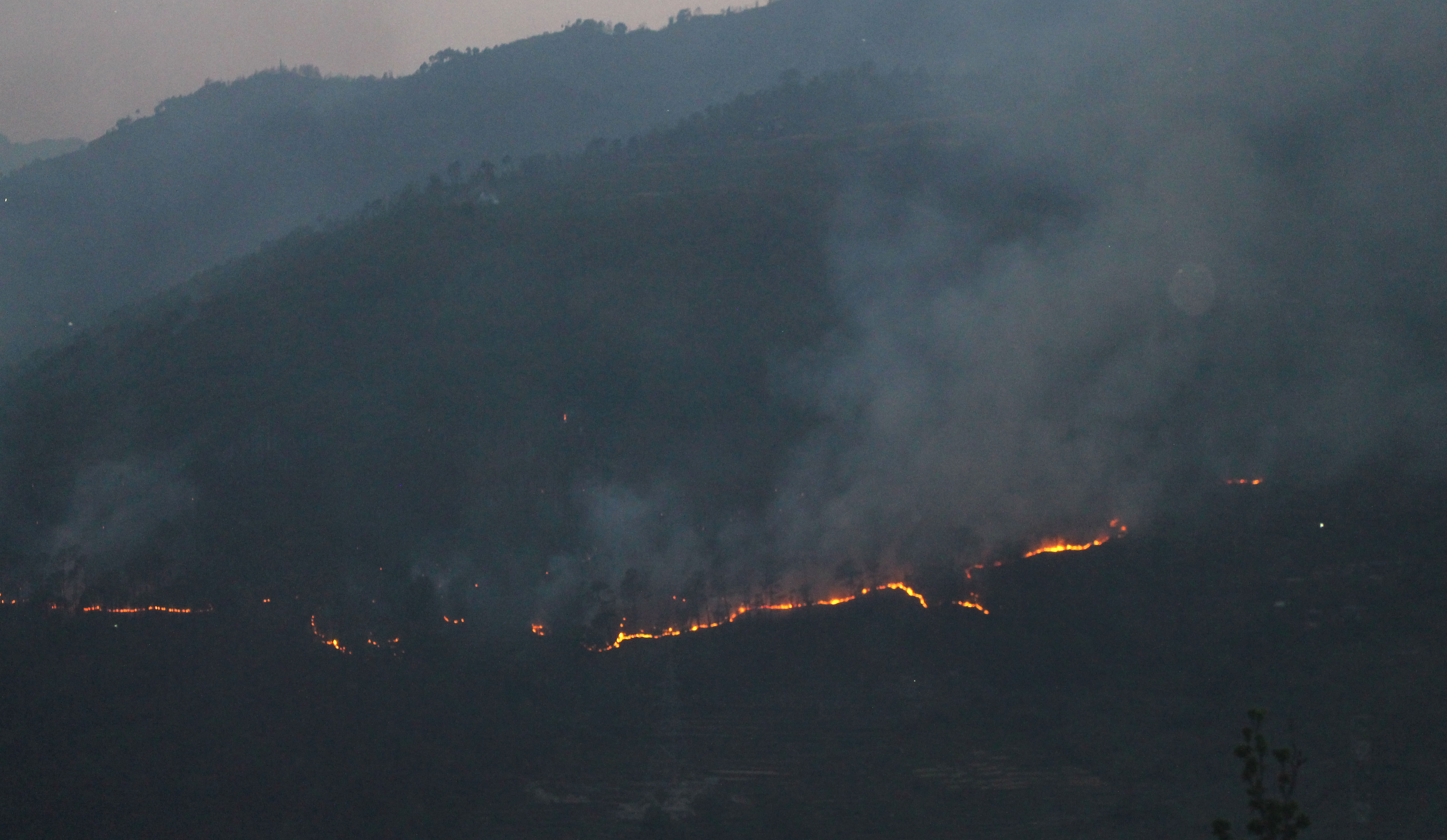 म्याग्दीको बेनी नगरपालिका–९ स्थित गलेश्वर ठूलो सल्लेरी सामुदायिक वनमा लागेको डढेलो । पछिल्लो समय वनमा डढेलोको समस्या बढ्दो छ  । तस्बिर: कमल खत्री/रासस