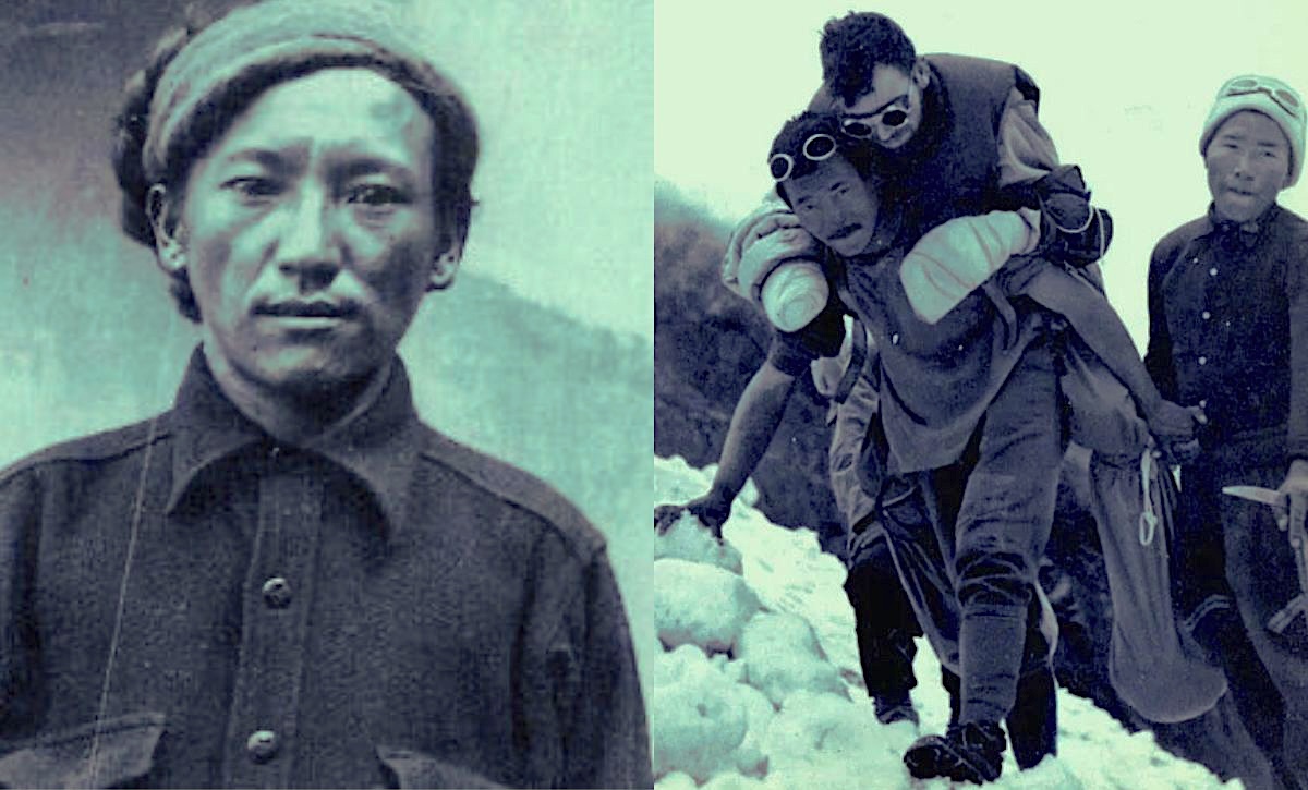 आङ थार्के शेर्पा (बायाँ), मौरिस हर्जोगलाई बोक्दै (दायाँ)