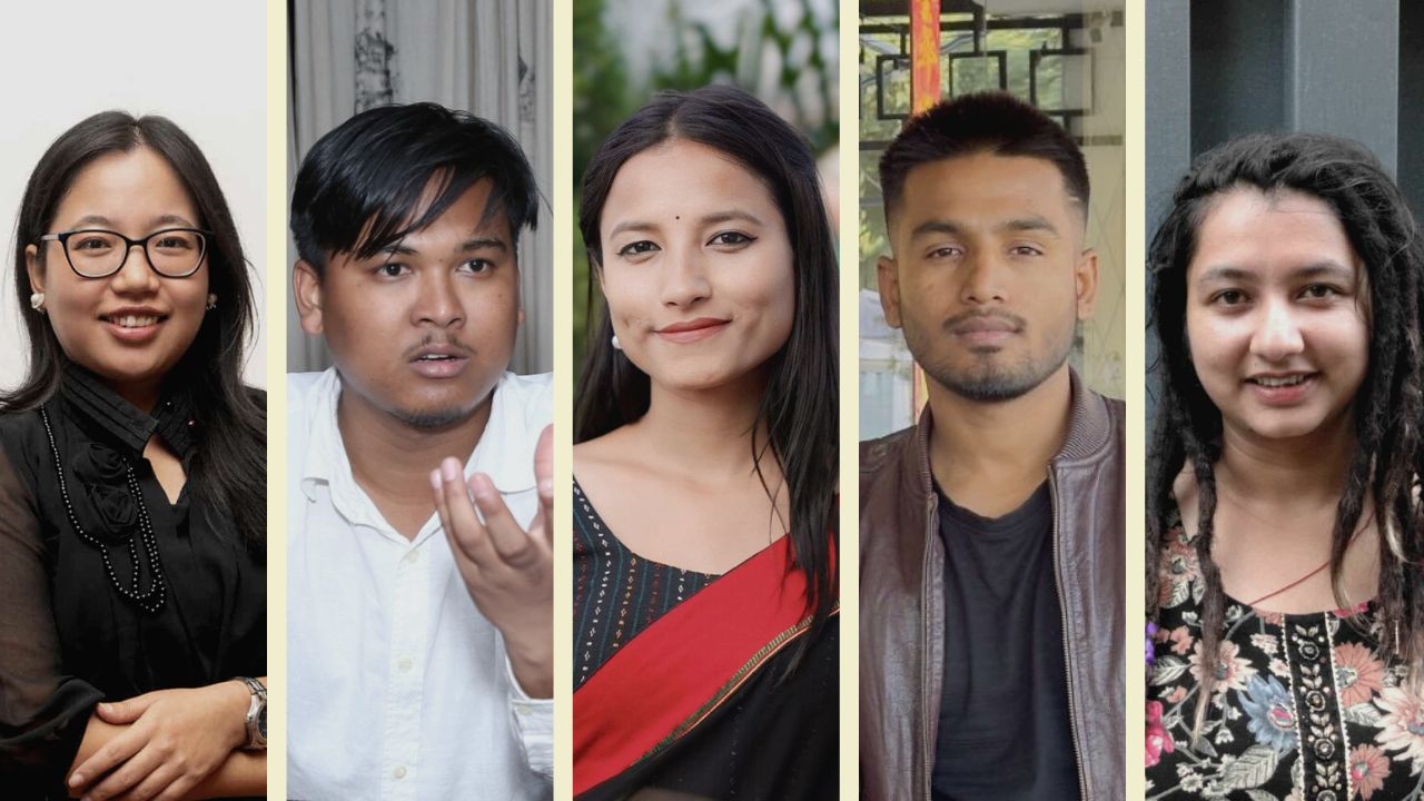 बायाँबाट क्रमश: सामना लावती, अर्णव चौधरी, रक्षा बम, पुरूषोत्तम घिमिरे र मोनिका घिमिरे