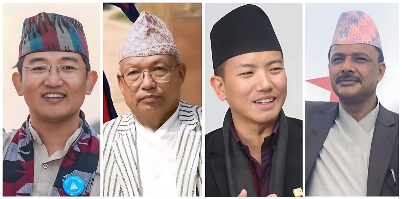 इलाम-२ का उम्मेदवारहरू (बायाँबाट) राष्ट्रिय स्वतन्त्र पार्टीका मिलन लिम्बू, 'मूढा' चिह्न लिएका स्वतन्त्र उम्मेदवार डकेन्द्रसिंह लिम्बू थेगिम, नेकपा एमालेका सुहाङ नेम्वाङ र नेपाली कांग्रेसका डम्बरबहादुर खड्का।