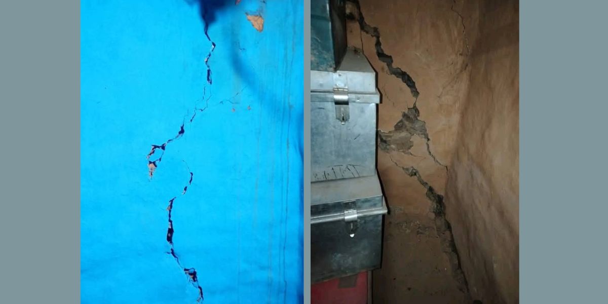 सल्यानको बागचौर नगरपालिका – १ कालाखेतमा (बायाँ) र रूकुम पश्चिम आठबिसकोट १४ ज्यमिरकोटमा भूकम्पले चर्किएको घर।