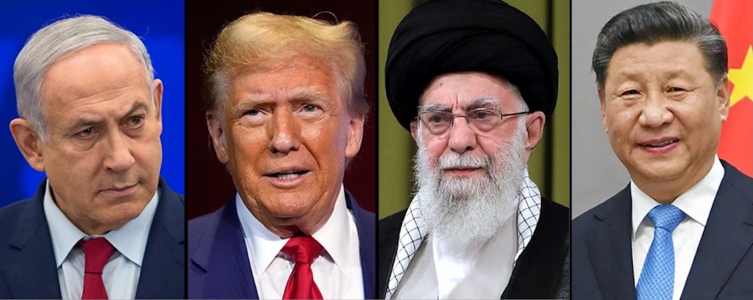 बायाँबाट क्रमश: इसराइलका प्रधानमन्त्री बेन्जामिन नेतन्याहु, अमेरिकी राष्ट्रपति डोनाल्ड ट्रम्प, इरानका सर्वोच्च नेता आयातुल्लाह अली खामेनी र चिनियाँ राष्ट्रपति सी चिनफिङ।