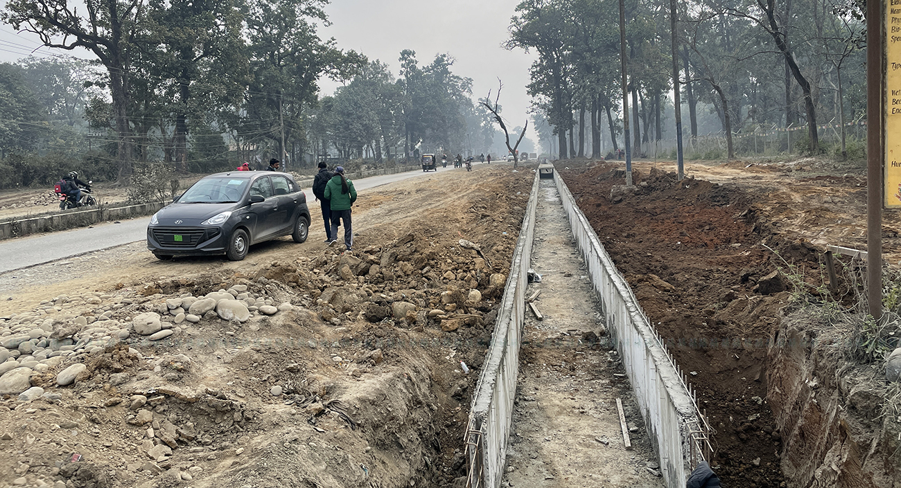 नाली बनाउन खनिएको खाल्डोमा फसेर एक सिङे गैंडाको मृत्यु भएको चितवनको बरण्डाभार वनसँग जोडिएको पूर्व–पश्चिम राजमार्ग।